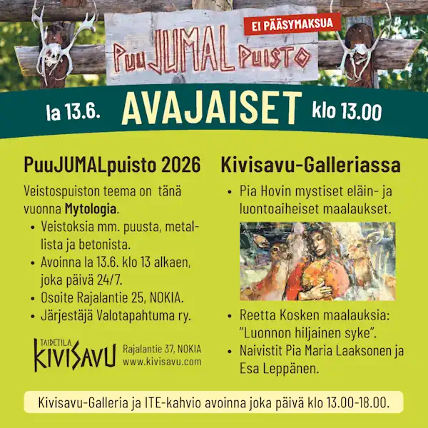 PuuJUMALpuisto 2026 – avajaiset Taidetila Kivisavussa la 13.6.2026 klo 13.00.